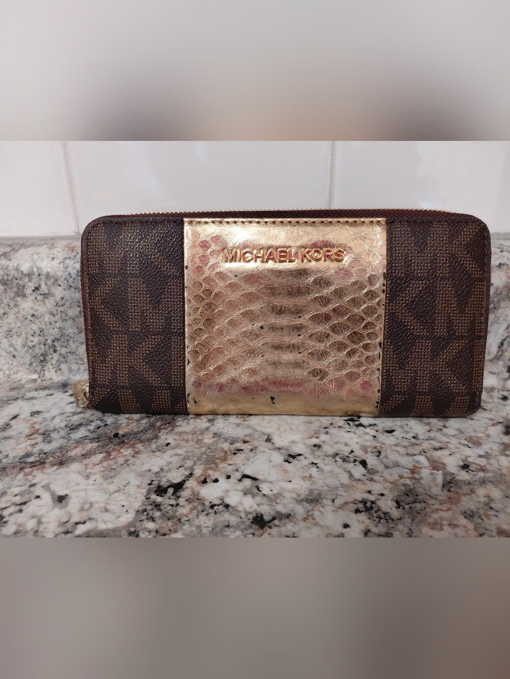 Michael Kors Brown Leather Signature Wallet with Gold Metallic Design